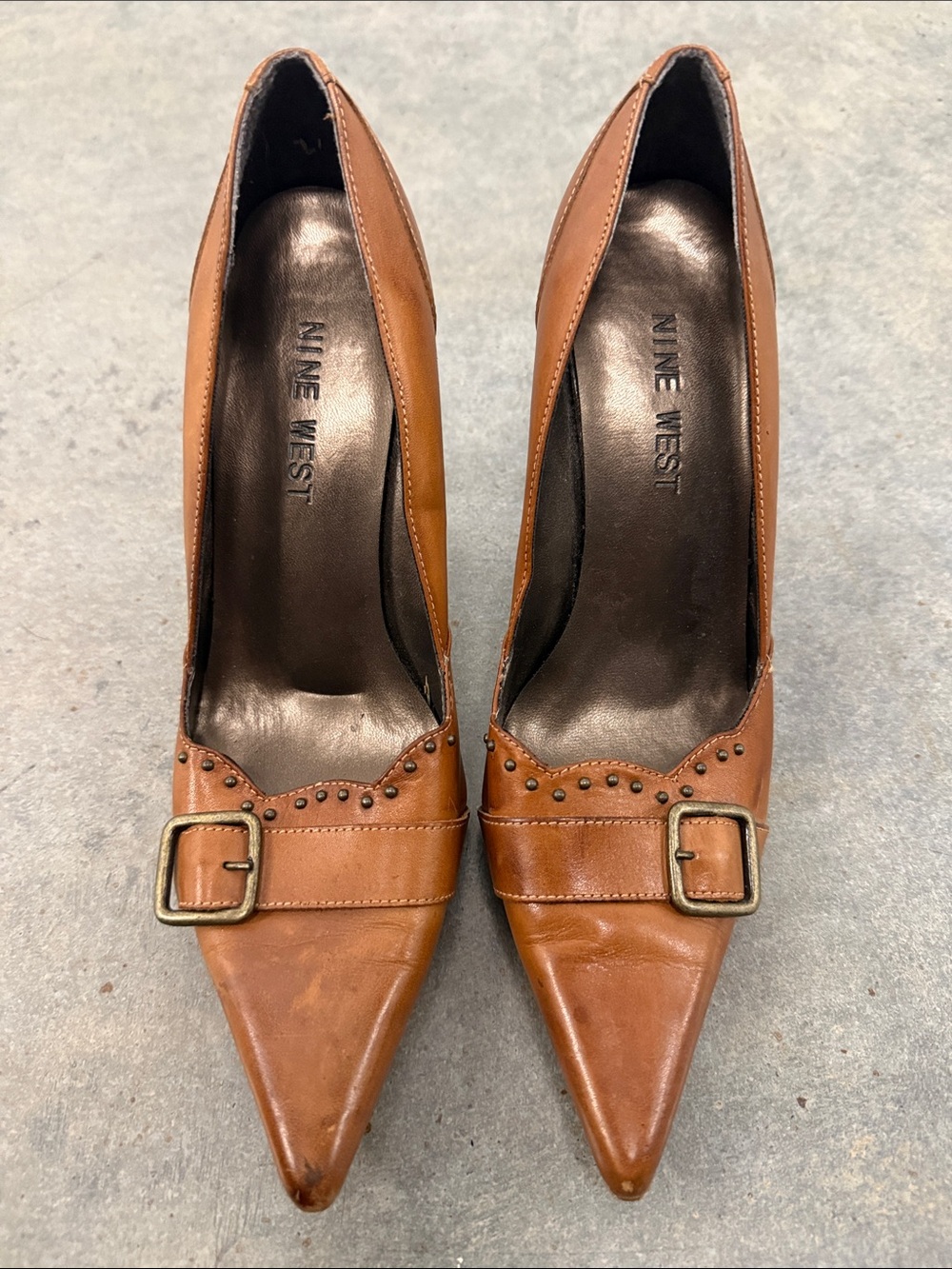 Nine West Vintage Y2K Tan Pointed-Toe Buckle Pumps